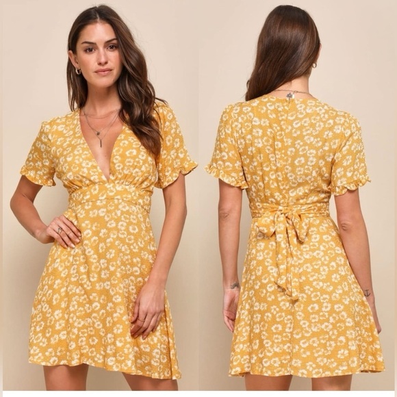 Lulus Garden Explorer Mustard Yellow Floral Print Mini Dress Size S - Picture 1 of 12